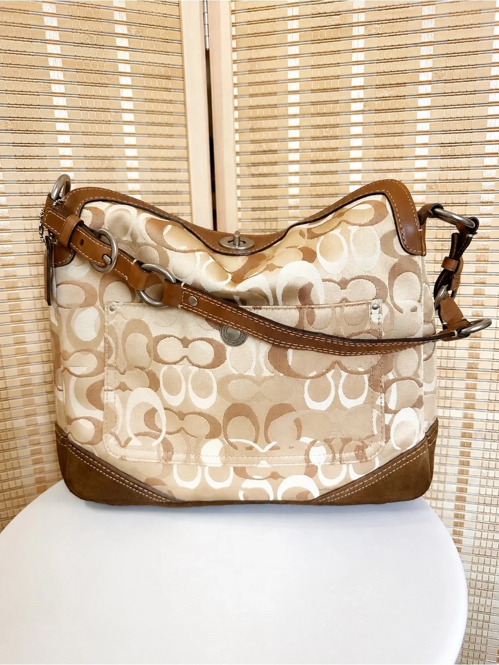 Coach Chelsea Signature Hobo Shoulder Bag Brown Tan Leather Suede 10143
